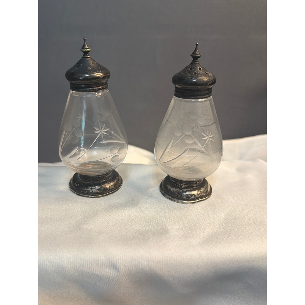 Vintage Etched Glass Salt and Pepper Shakers Sterling Silver Weighted Base Set